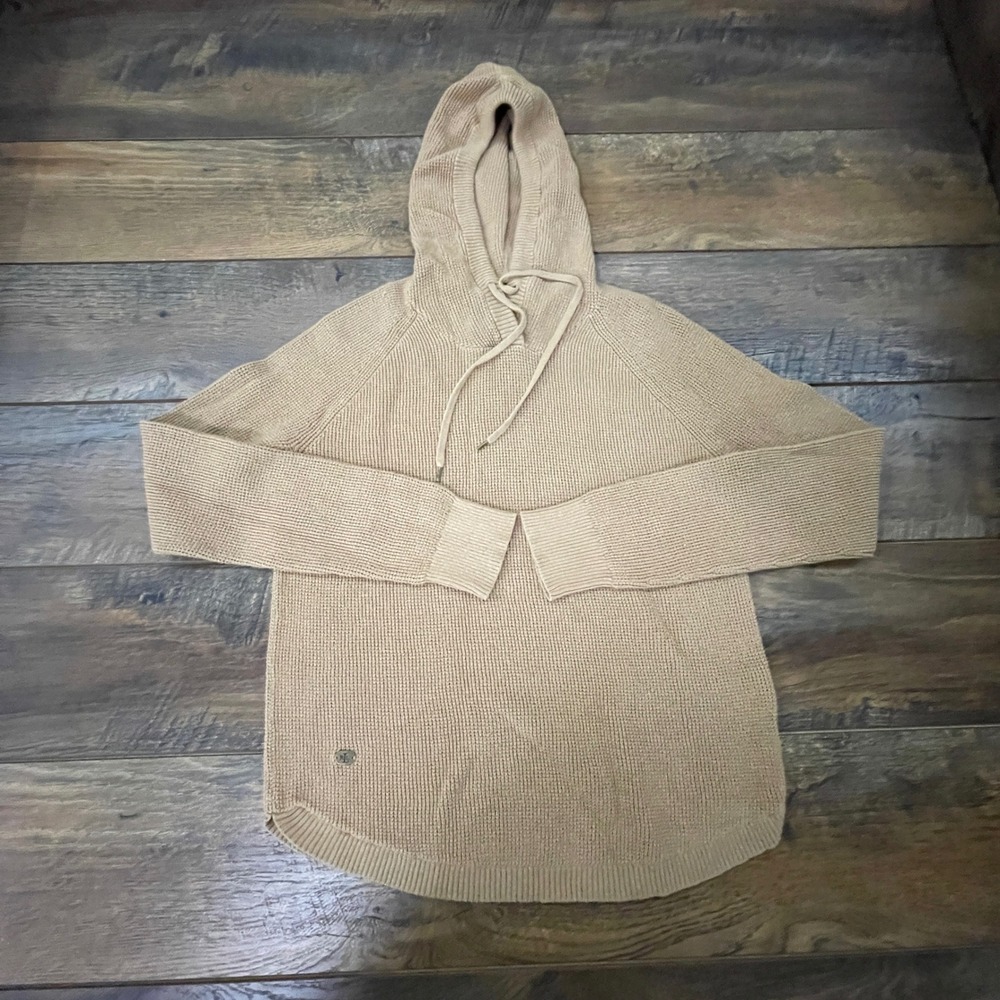Lauren Ralph Lauren Tan Cotton Knit Hoodie Sweater Curved Hem Medium Fall Cozy